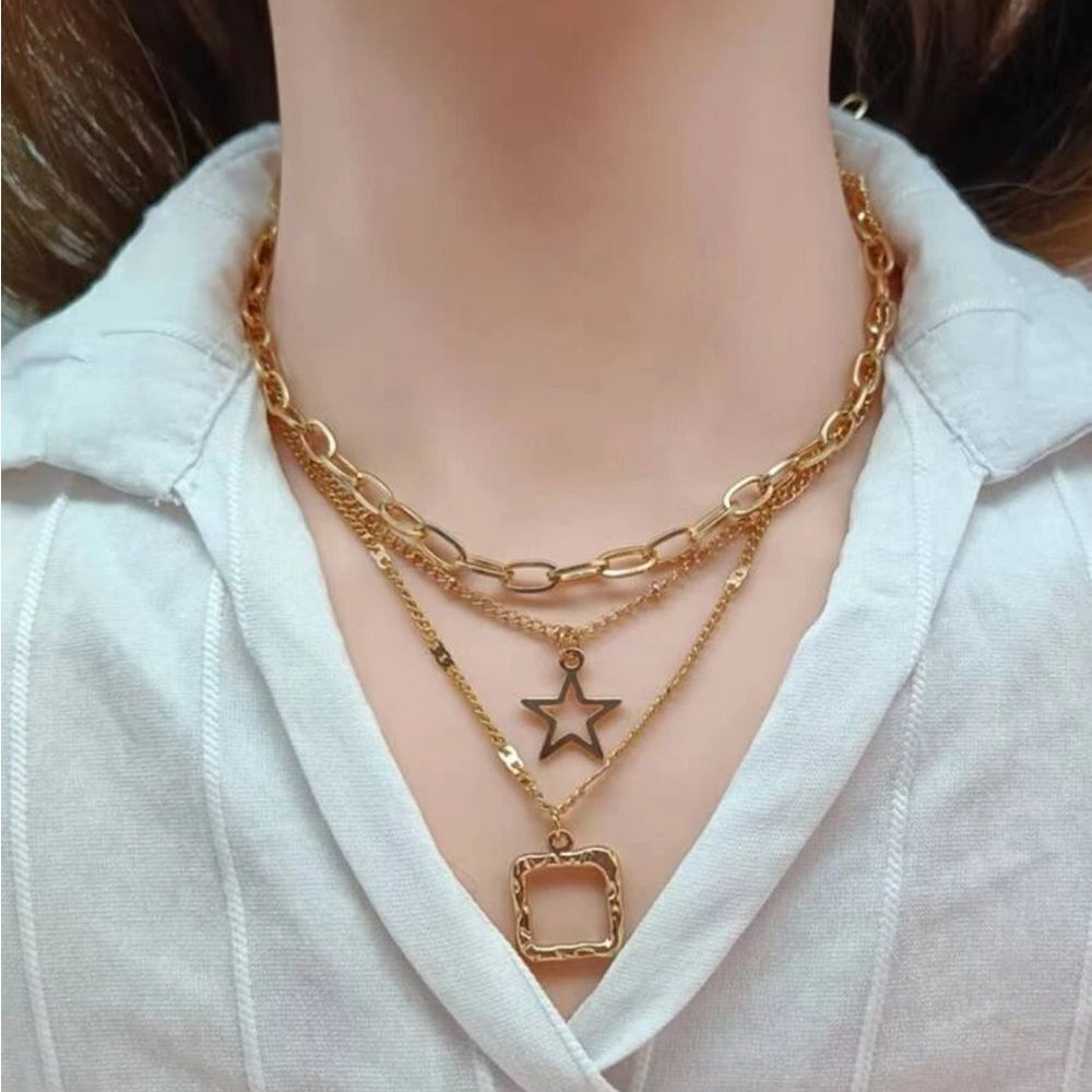 Gold Square Star Layered Necklace